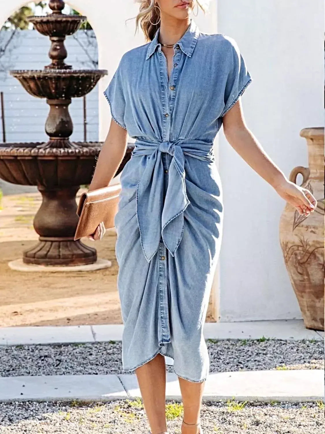 Collared Neck Tie Waist Short Sleeve Denim Dress -