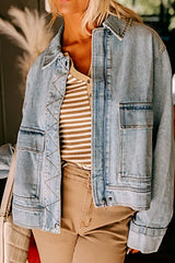 Zip Up Drop Shoulder Denim Jacket -