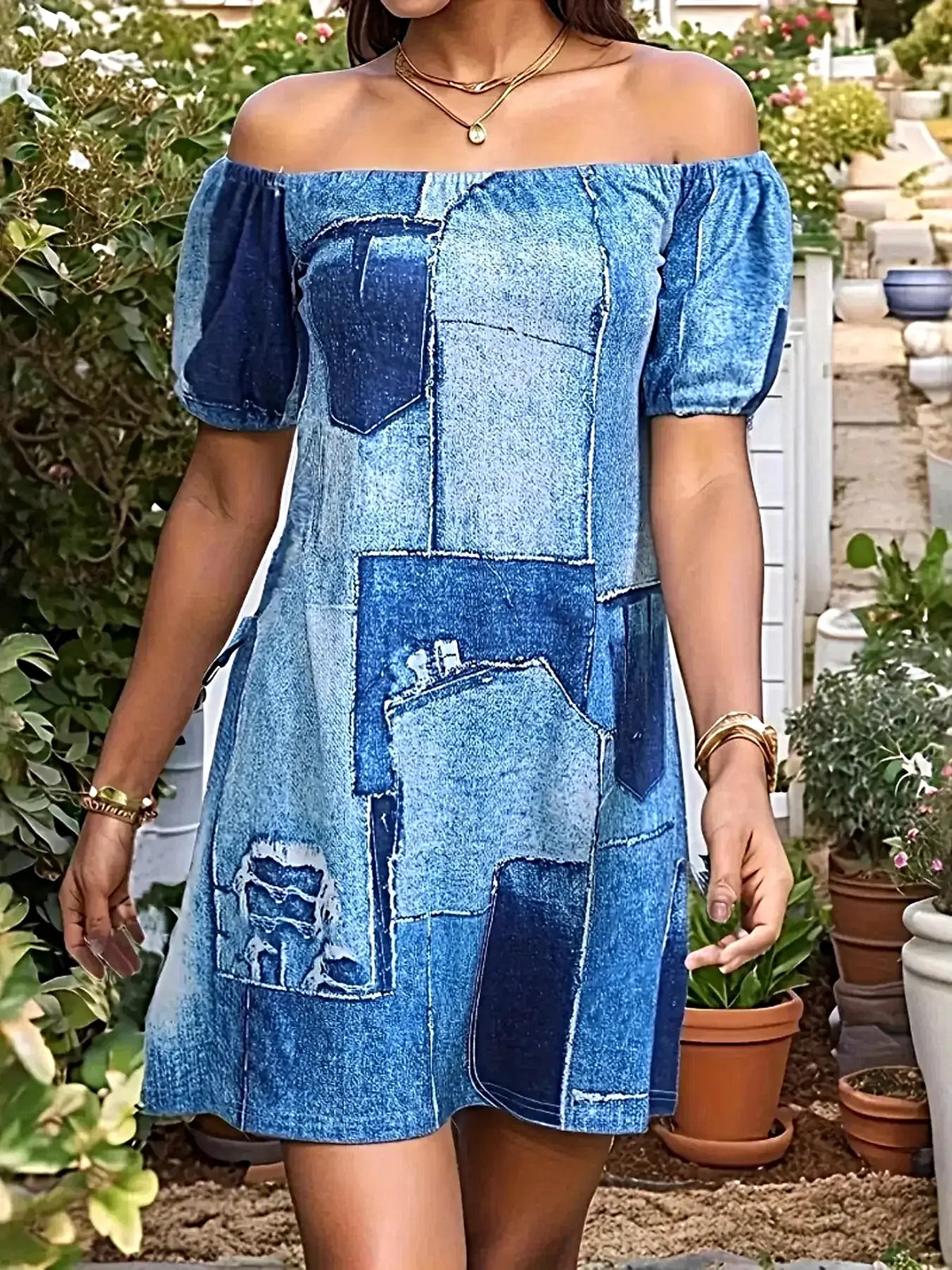 Elegant Off Shoulder Denim Dress - Patchwork Design, Classic Mini Style, 100% Polyester -