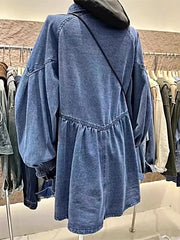 Chic Oversized Long Sleeve Button-Up Denim Dress with Pockets – Perfectly Fashionable -