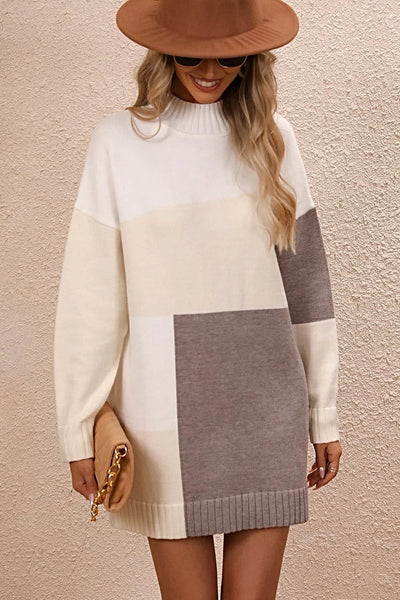 Stylish Color Block Sweater Dress with Mock Neck and Dropped Shoulders - Casual Mini Length Trendsi