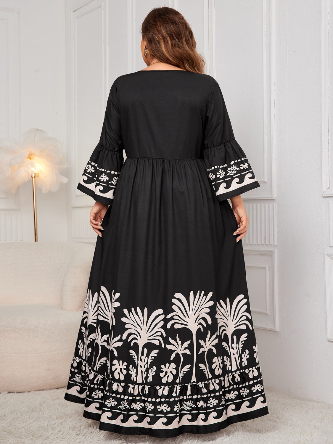 Honey Plus Size Printed V-Neck Long Sleeve Maxi Dress