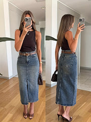 Slit Front Denim Skirt -