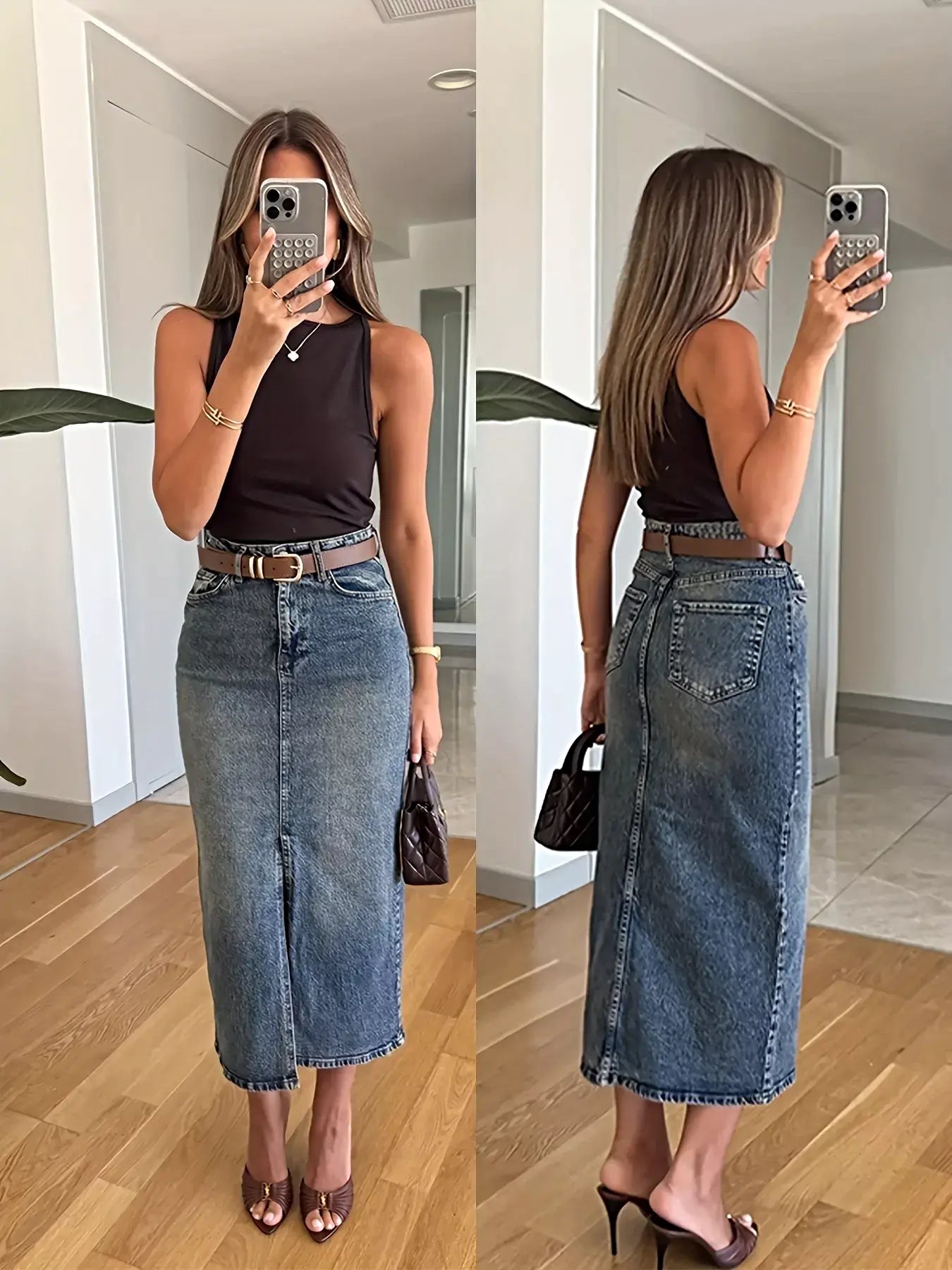 Slit Front Denim Skirt -