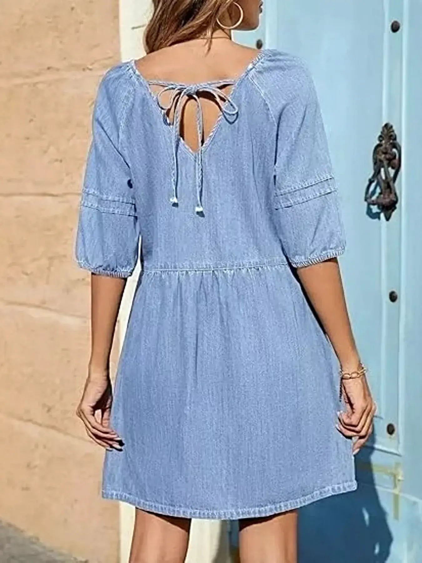 Casual V-Neck Puff Sleeve Denim Mini Dress -