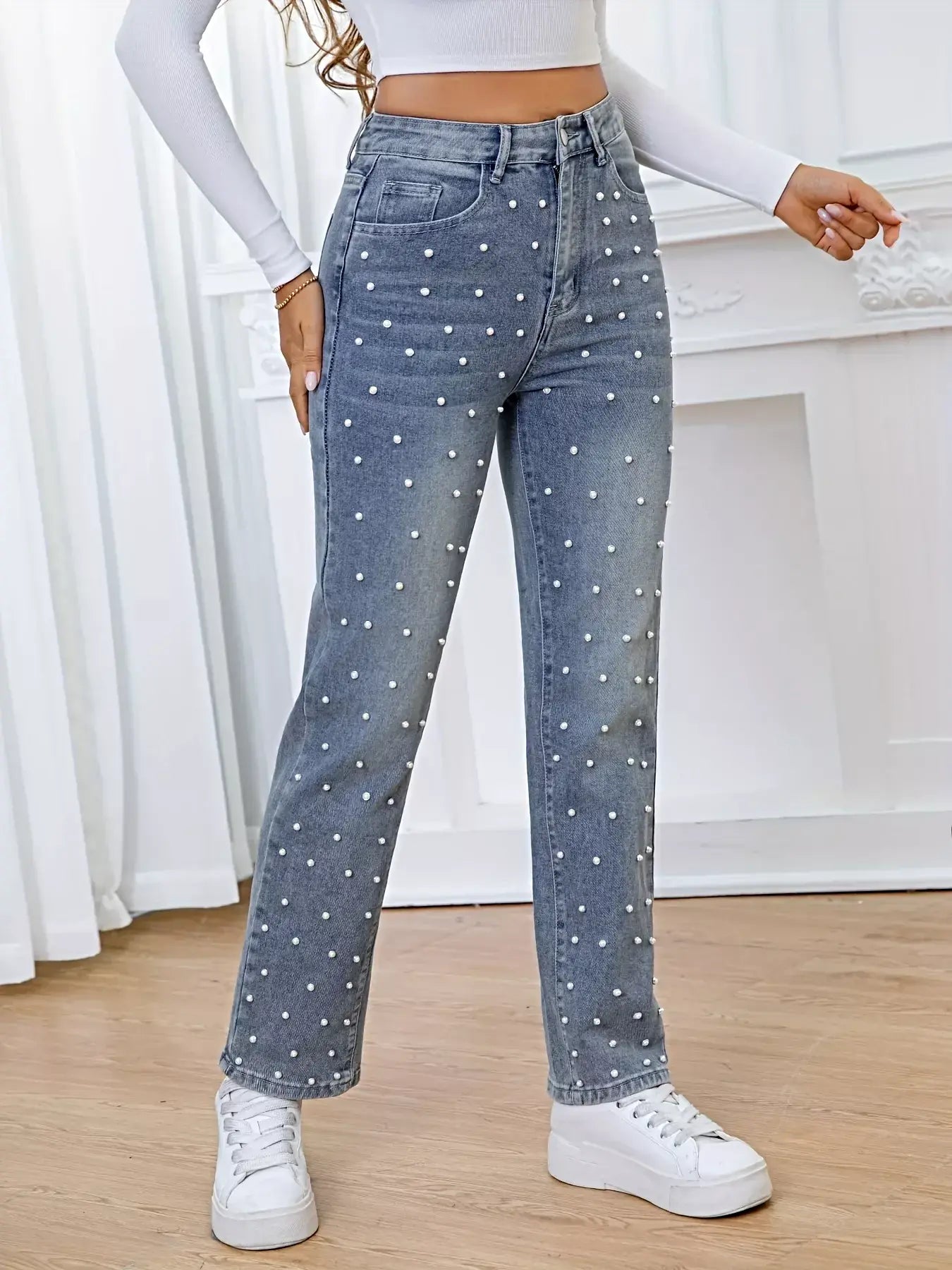 Pearl Embellished High Waist Straight Jeans -