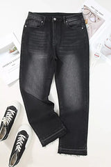 High-Waisted Distressed Hem Straight Leg Jeans -