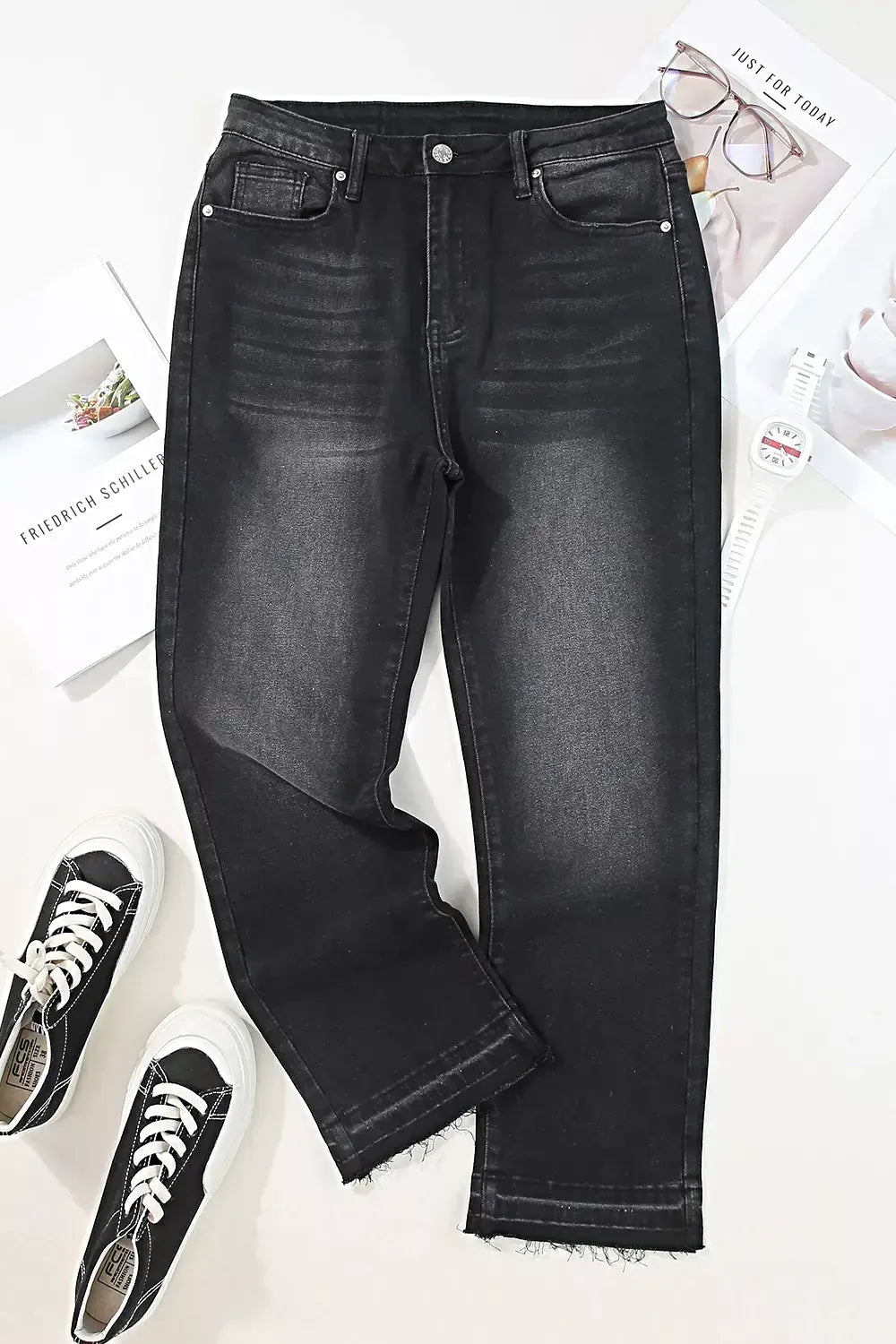 High-Waisted Distressed Hem Straight Leg Jeans -