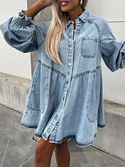 Chic Oversized Long Sleeve Button-Up Denim Dress with Pockets – Perfectly Fashionable -