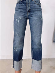 High Waist Distressed Straight Leg Jeans -
