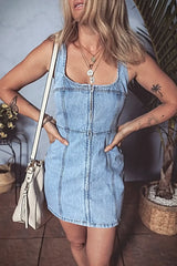 Elegant Square Neck Wide Strap Denim Dress for Women - Classic Style with Zipper Closure -