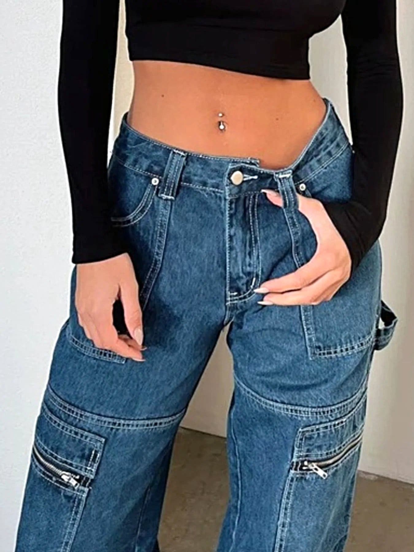 Zipper Pocket Wide Leg Cargo Jeans -