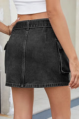 Criss-Cross Waist Detail Denim Mini Skirt -