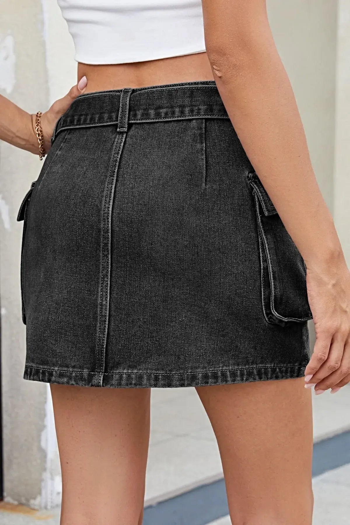 Criss-Cross Waist Detail Denim Mini Skirt -