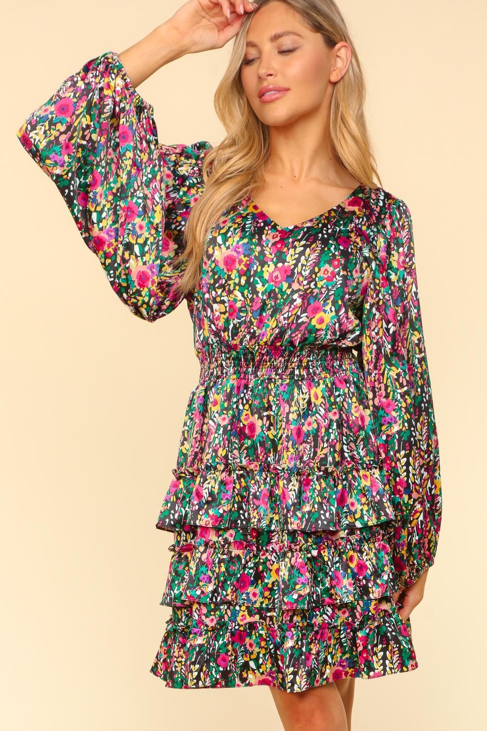 Haptics V-Neck Satin Floral Layered Dress