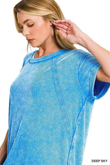 Zenana Washed Ribbed Cuffed Short Sleeve Round Neck Top -