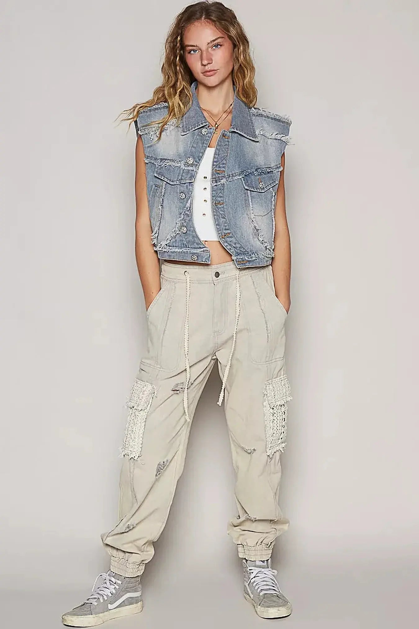 POL Assymetrical Front Closure Raw Hem Denim Vest -