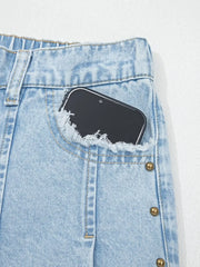 Studded Side Slit Leg Frayed Pocketed Wide Leg Jeans -