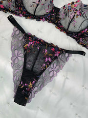 Midnight Blossom Lace Embroidered Lingerie Set - 2 pcs set