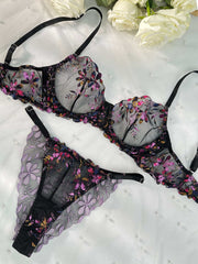 Midnight Blossom Lace Embroidered Lingerie Set - 2 pcs set