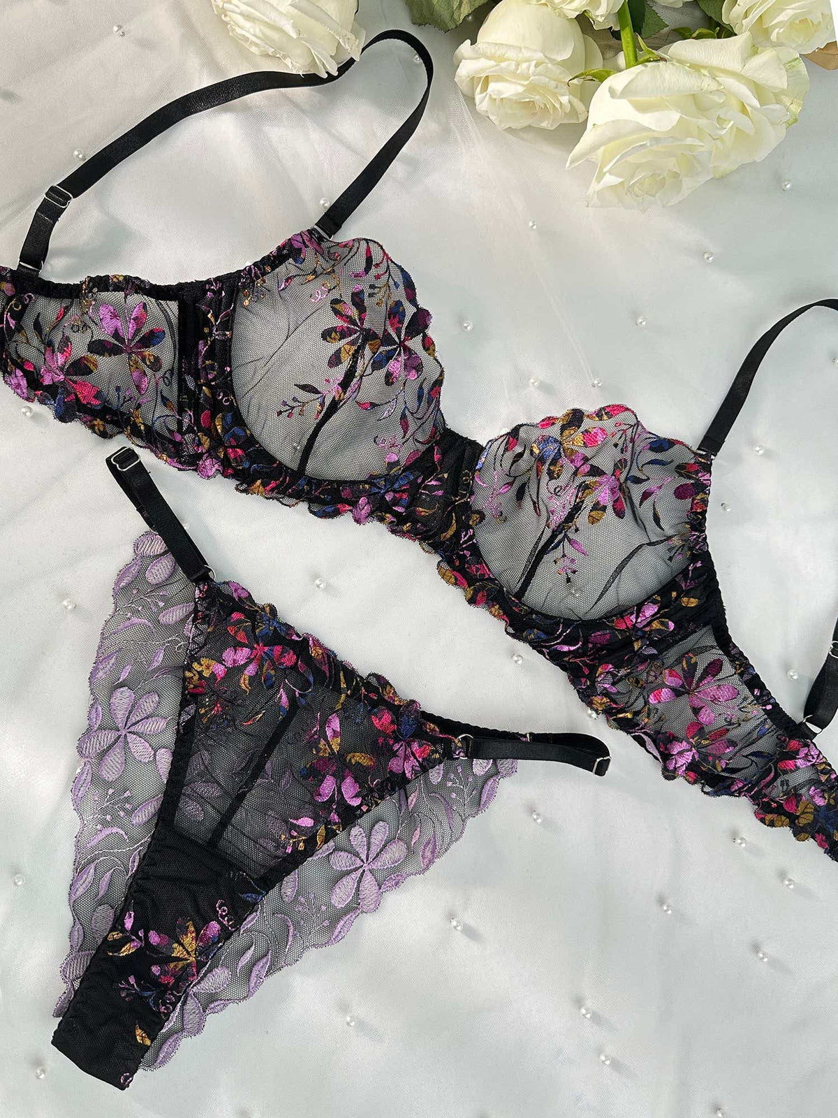 Midnight Blossom Lace Embroidered Lingerie Set - 2 pcs set