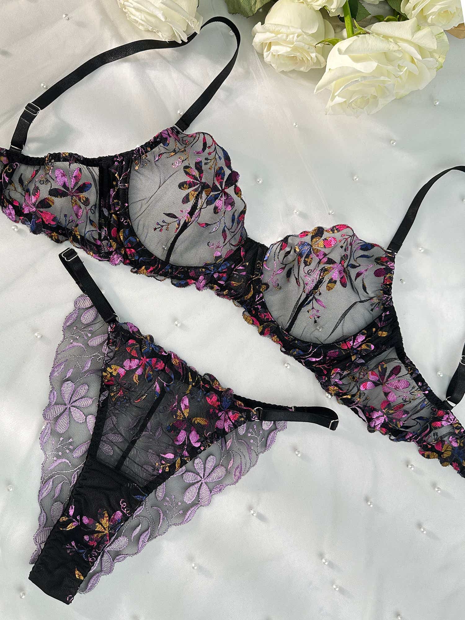 Midnight Blossom Lace Embroidered Lingerie Set - 2 pcs set