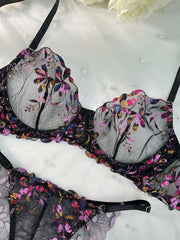 Midnight Blossom Lace Embroidered Lingerie Set - 2 pcs set