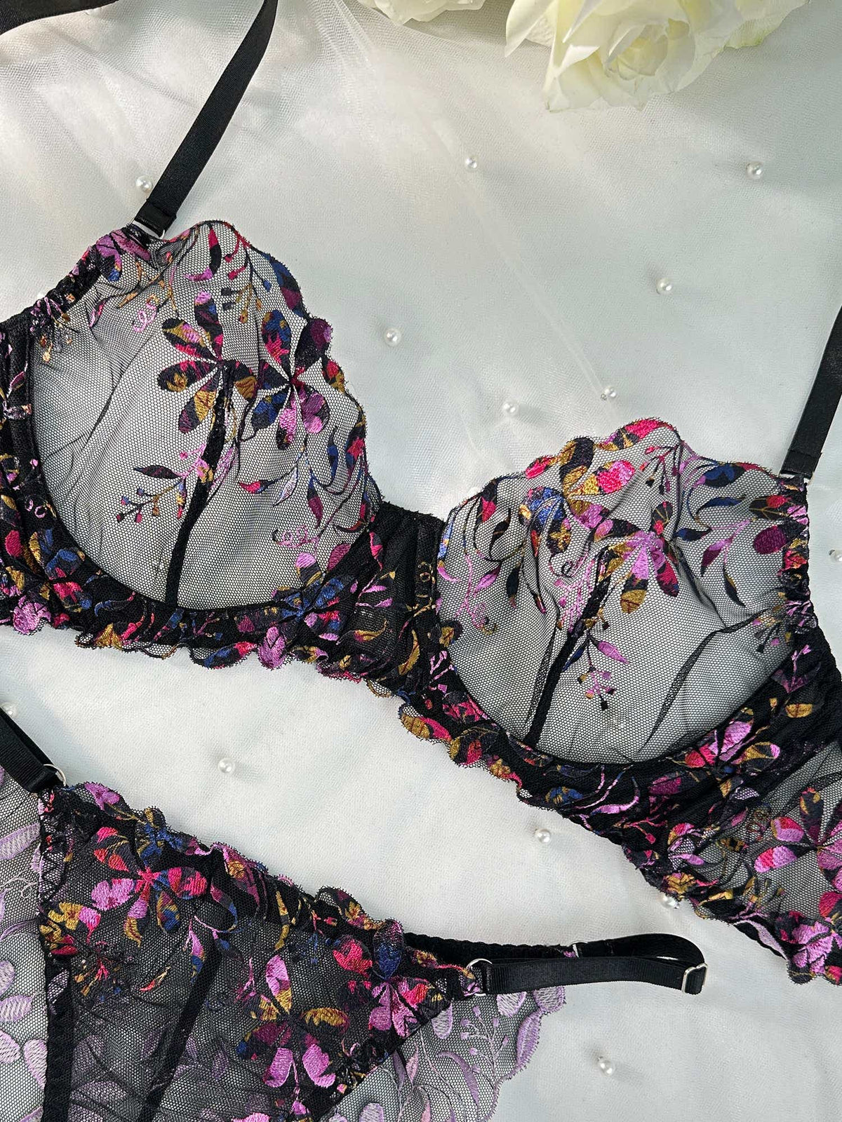 Midnight Blossom Lace Embroidered Lingerie Set - 2 pcs set