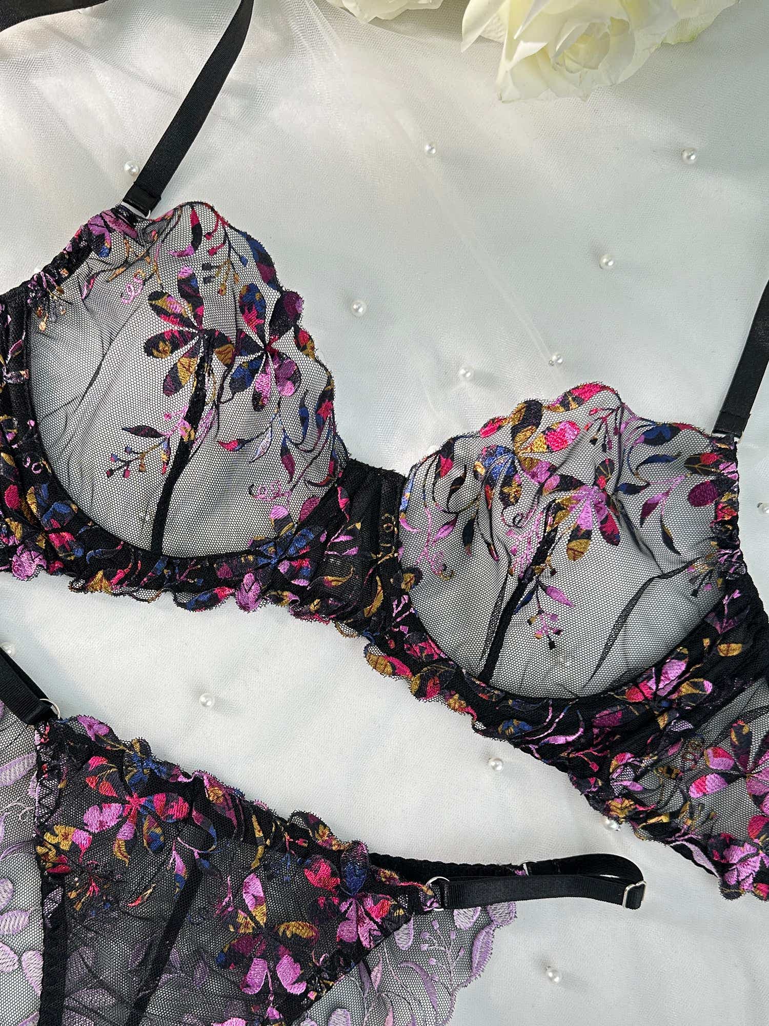 Midnight Blossom Lace Embroidered Lingerie Set - 2 pcs set