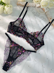 Midnight Blossom Lace Embroidered Lingerie Set - 2 pcs set