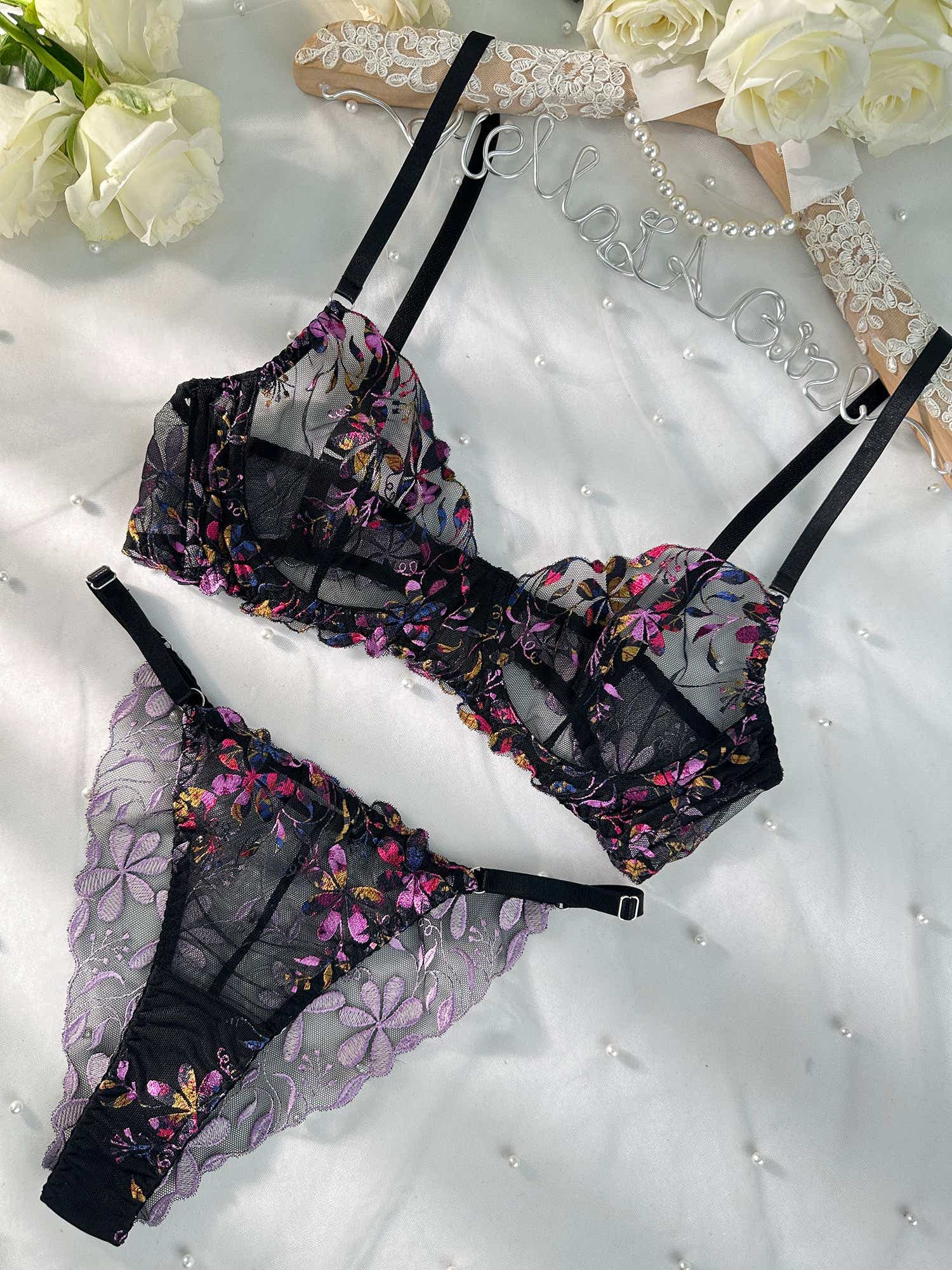 Midnight Blossom Lace Embroidered Lingerie Set - 2 pcs set