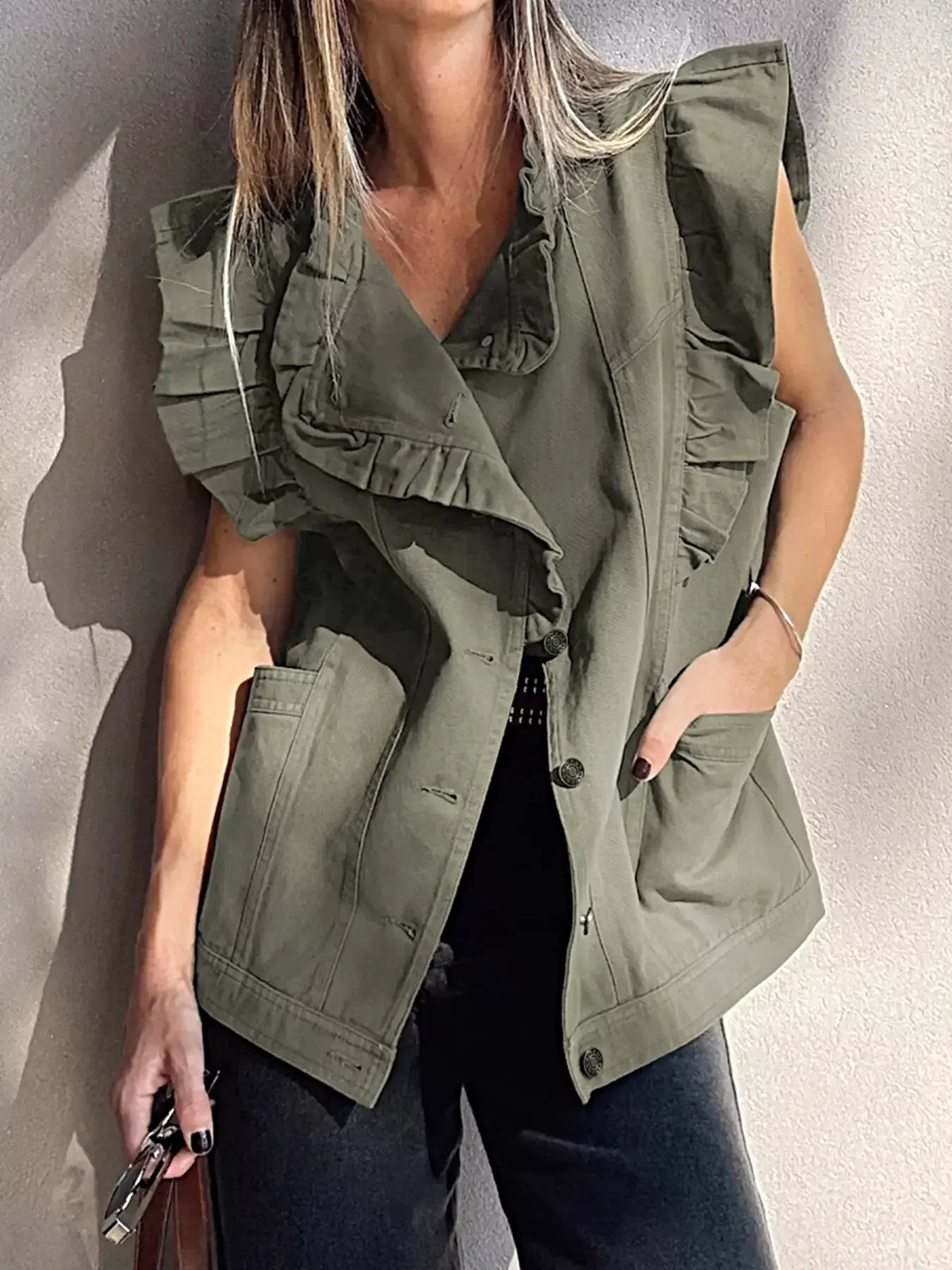Ruffled Patchwork Denim Jacket Vest -