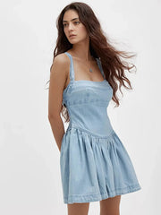 Smocked Crisscross Back Denim Mini Dress -