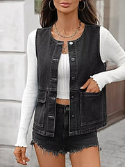 Chic Denim Button Vest with Pockets - Slightly Stretchy, Premium Rayon Blend