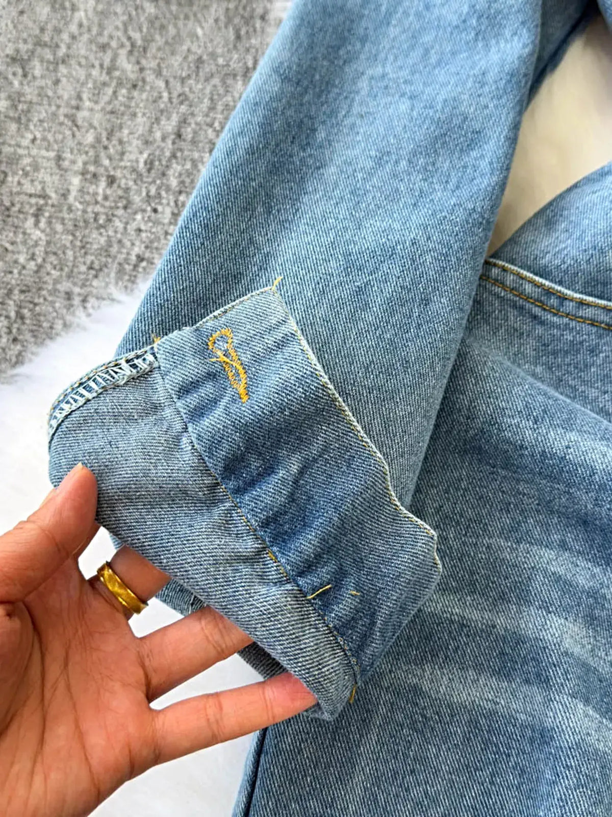 Button Front Wide Leg Denim Jumpsuit -