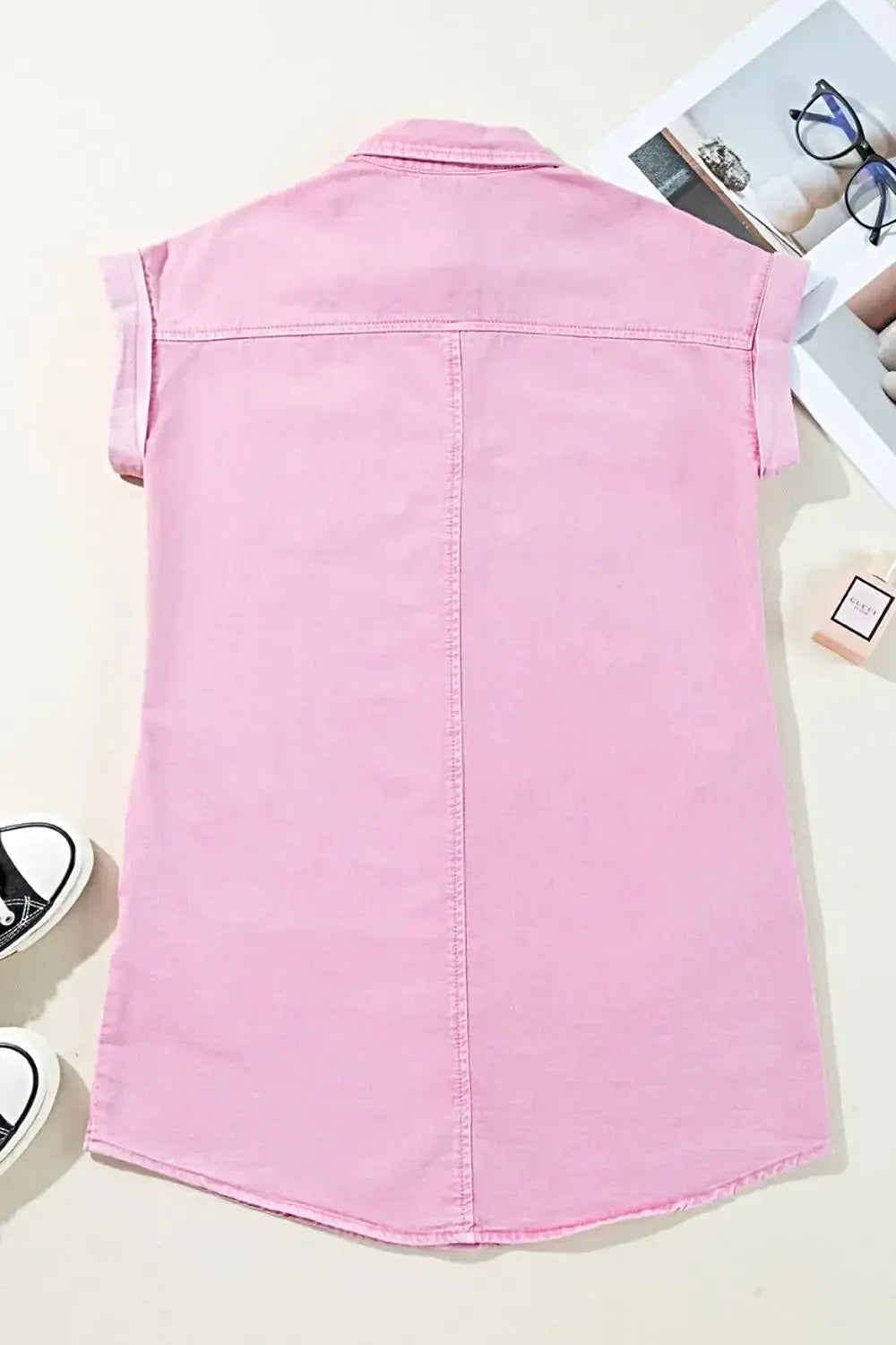 Button Down Short Sleeve Denim Dress -