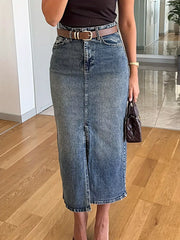 Slit Front Denim Skirt -