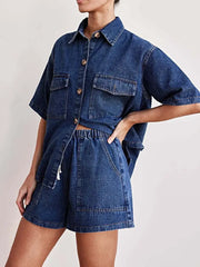 Button Up Short Sleeve Top and Shorts Denim Set -