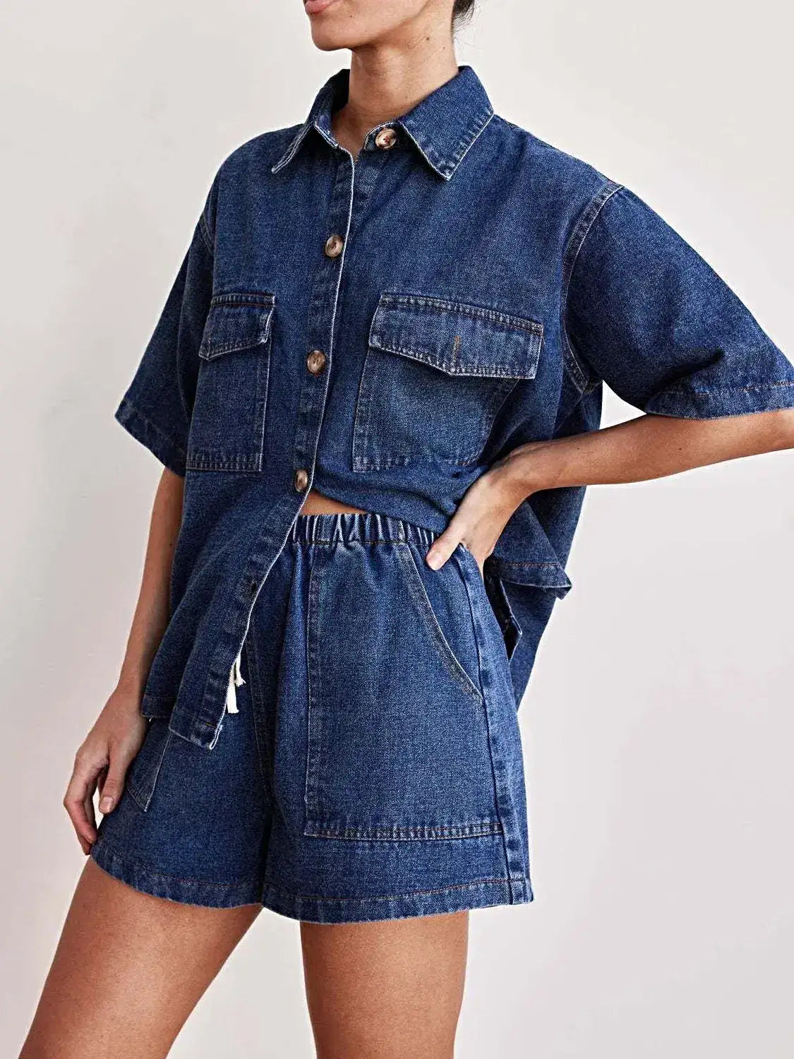 Button Up Short Sleeve Top and Shorts Denim Set -
