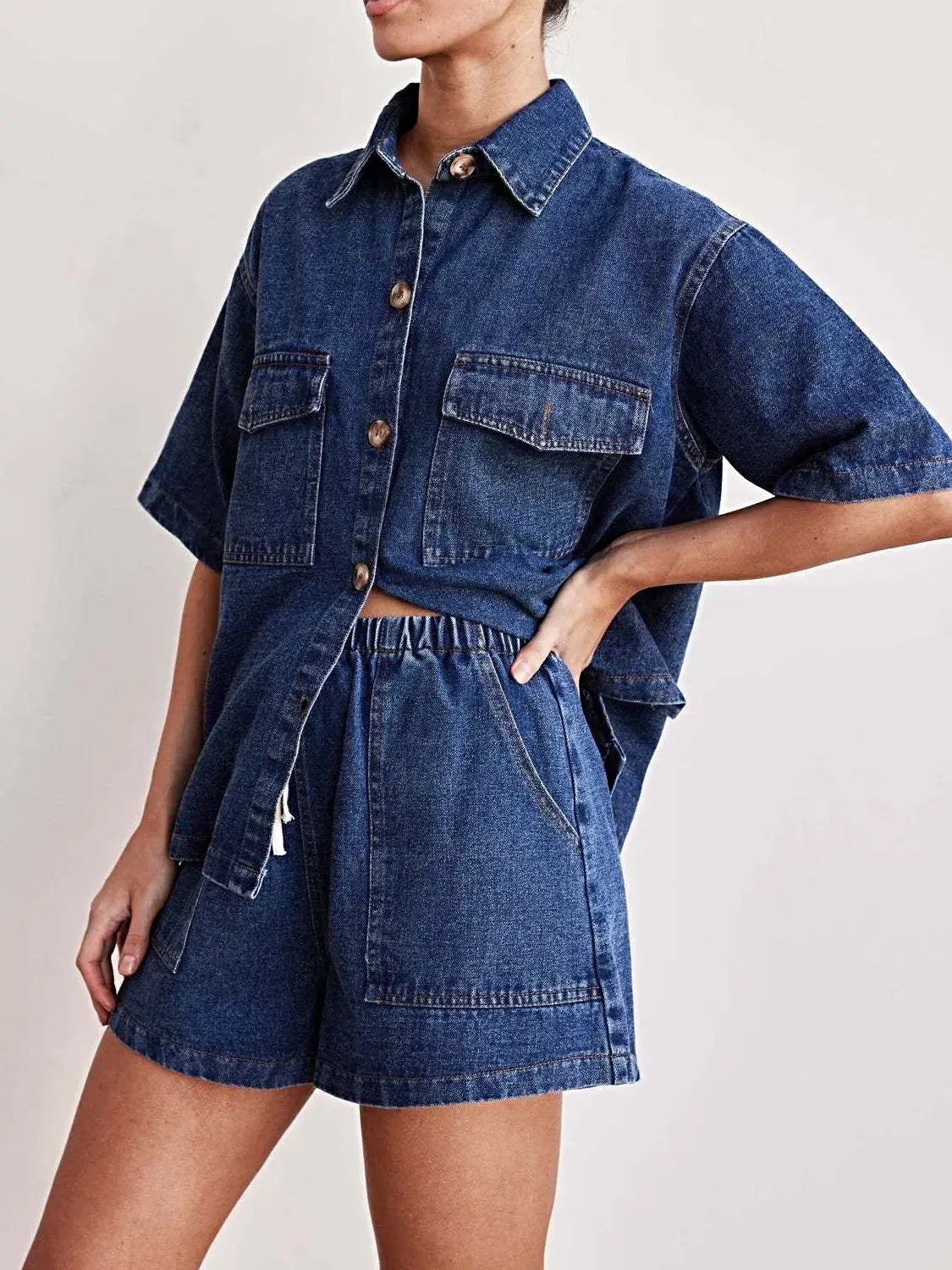 Button Up Short Sleeve Top and Shorts Denim Set -