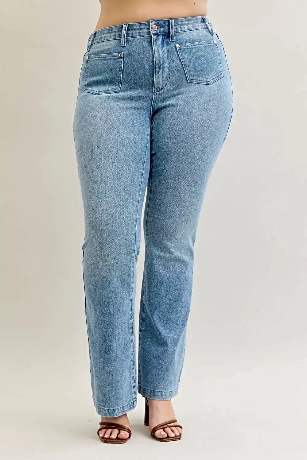 Judy Blue Full Size Mid Rise Bootcut Jeans with Contrast Wash & Front Patch Pockets Plus Size -