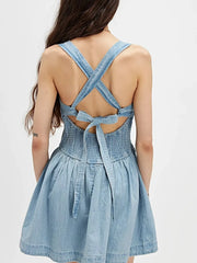 Smocked Crisscross Back Denim Mini Dress -