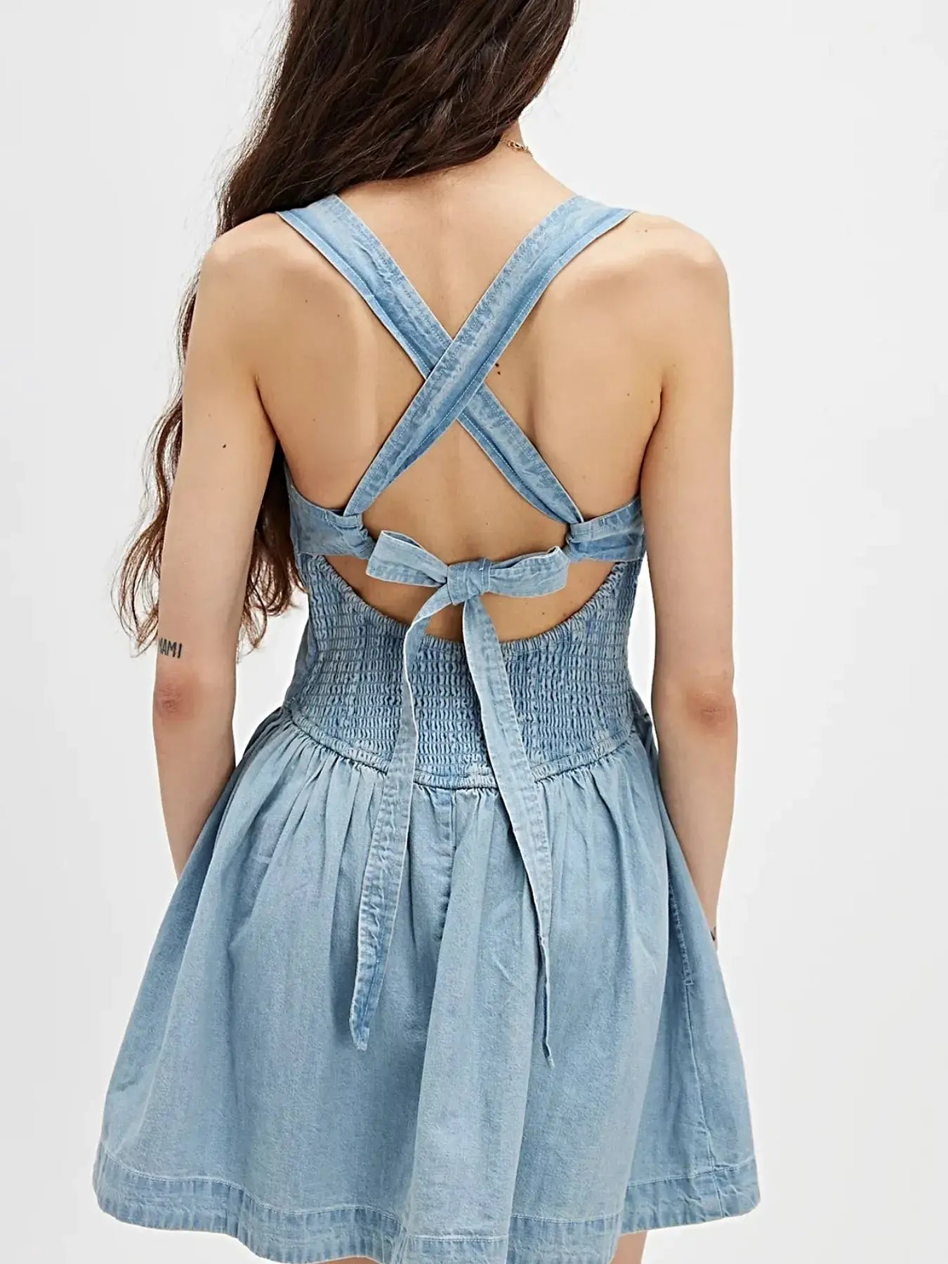 Smocked Crisscross Back Denim Mini Dress -