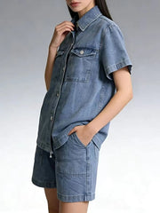 Button Up Short Sleeve Top and Shorts Denim Set -