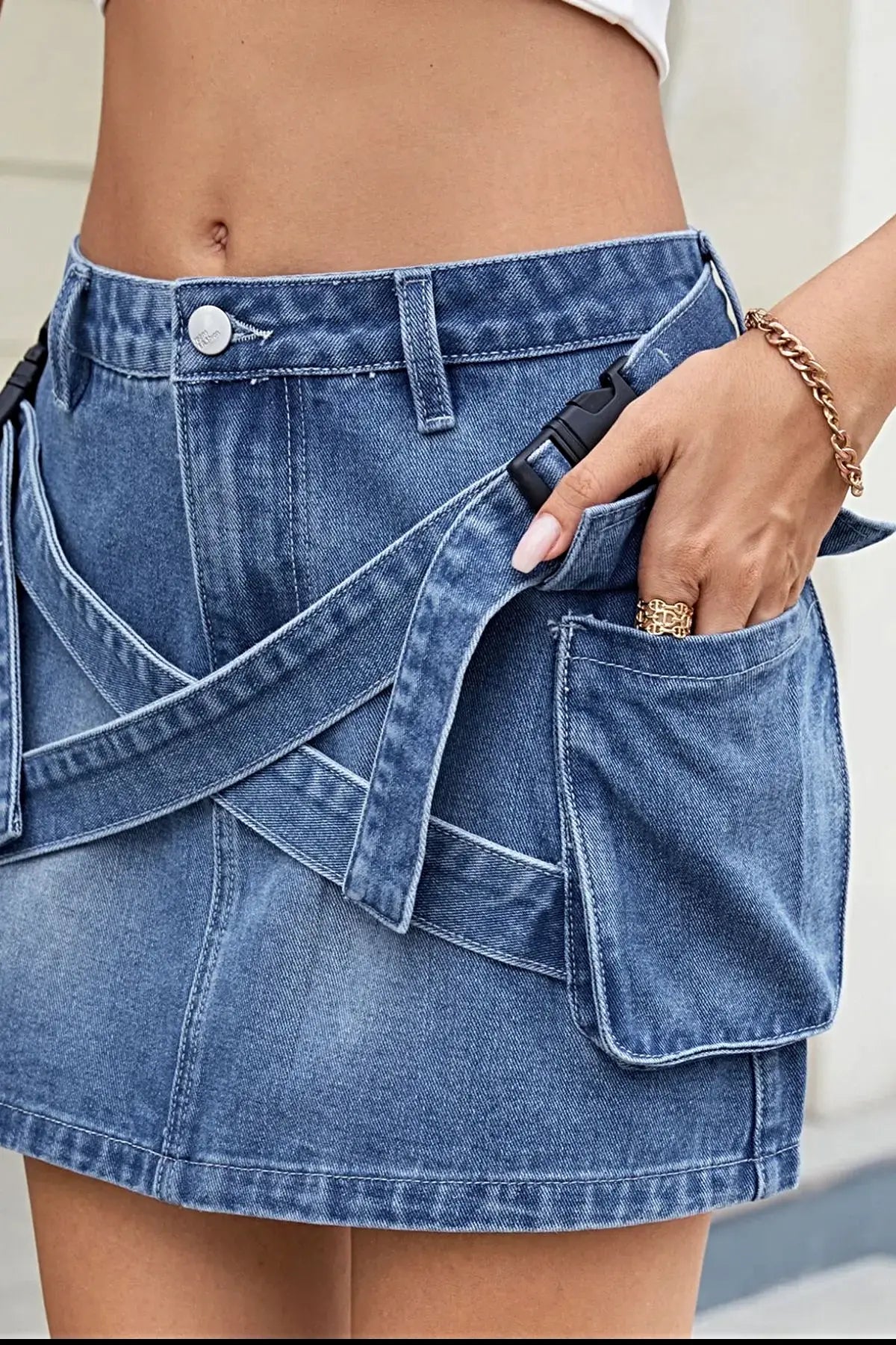 Criss-Cross Waist Detail Denim Mini Skirt -