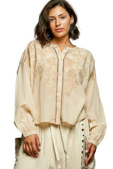 POL Embroidery Button Down Long Sleeve Washed Shirt -