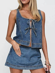 Tie-Front Tank and Skirt Denim Set -