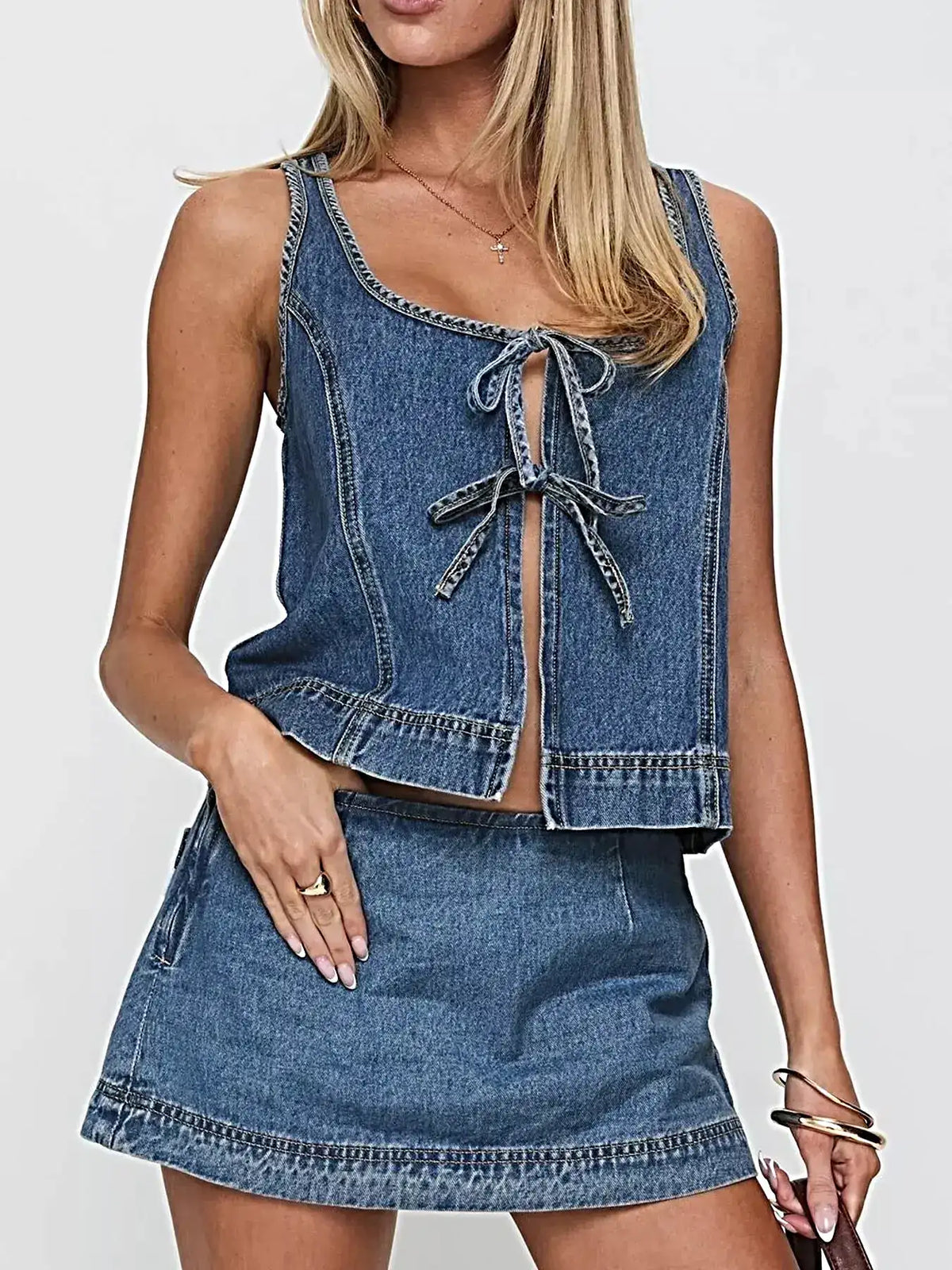 Tie-Front Tank and Skirt Denim Set -