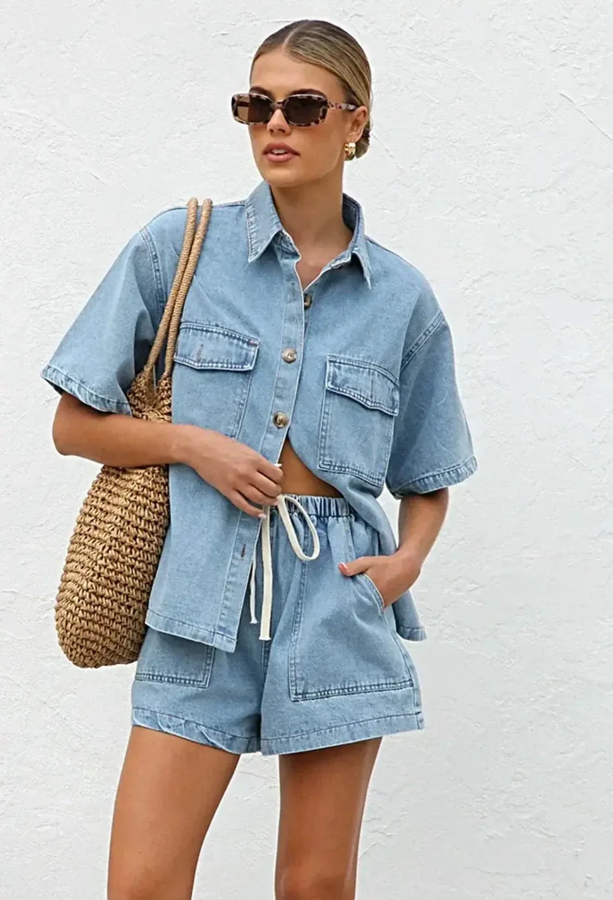 Collared Neck Button Up Top and Shorts Denim Set -