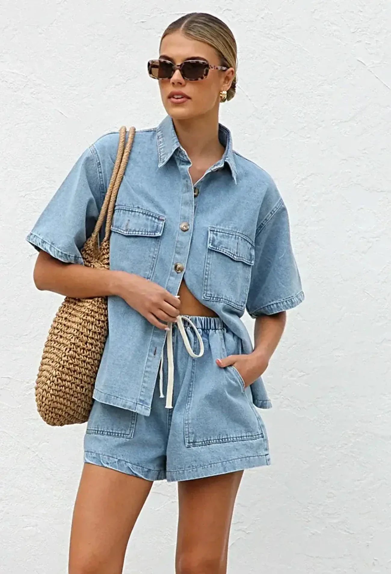 Collared Neck Button Up Top and Shorts Denim Set -